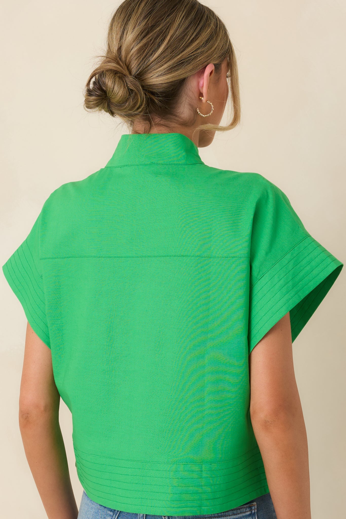 Pretty In Power Green Cotton Linen Button-Front Mock Neck Top