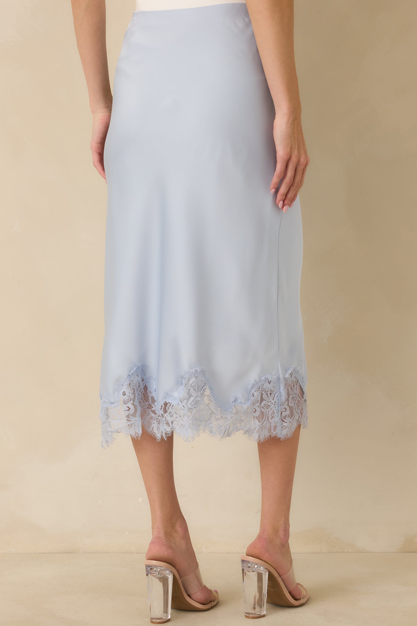 Just Call Me Later Powder Blue Satin Lace Trim Midi Skirt