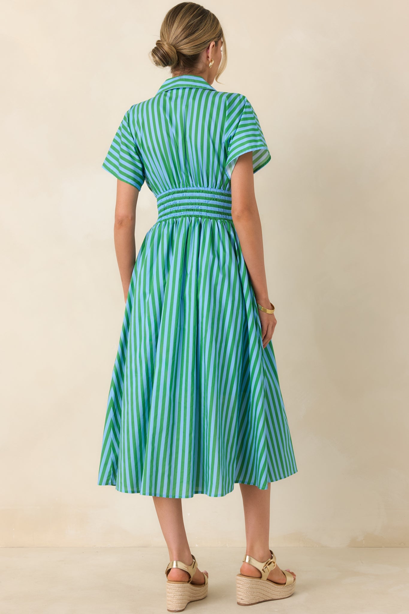 Put It in Motion Light Blue & Green Stripe Cotton Midi Dress