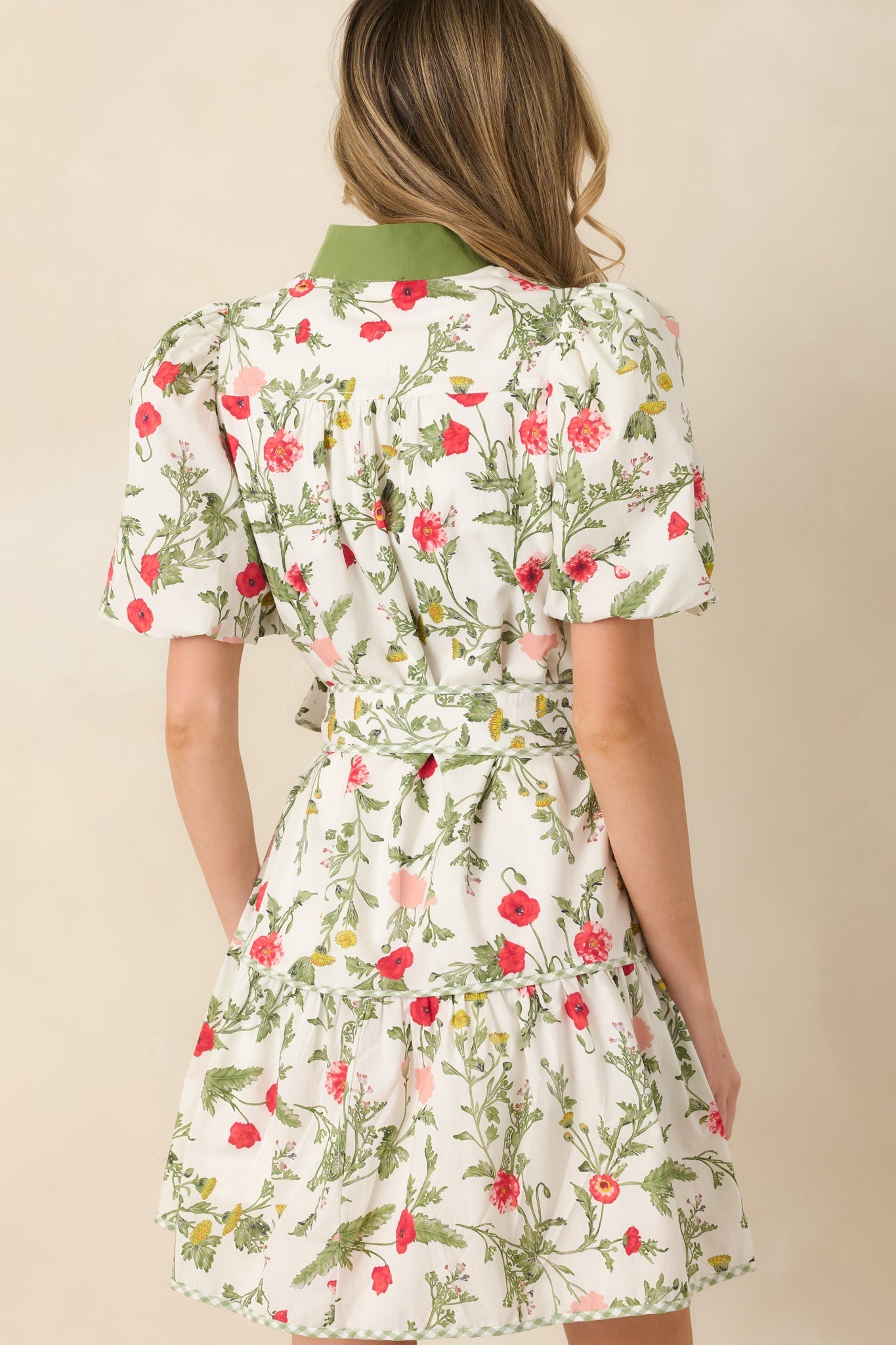 Taking A Chance Olive Green Floral Print Cotton Puff Sleeve Mini Dress