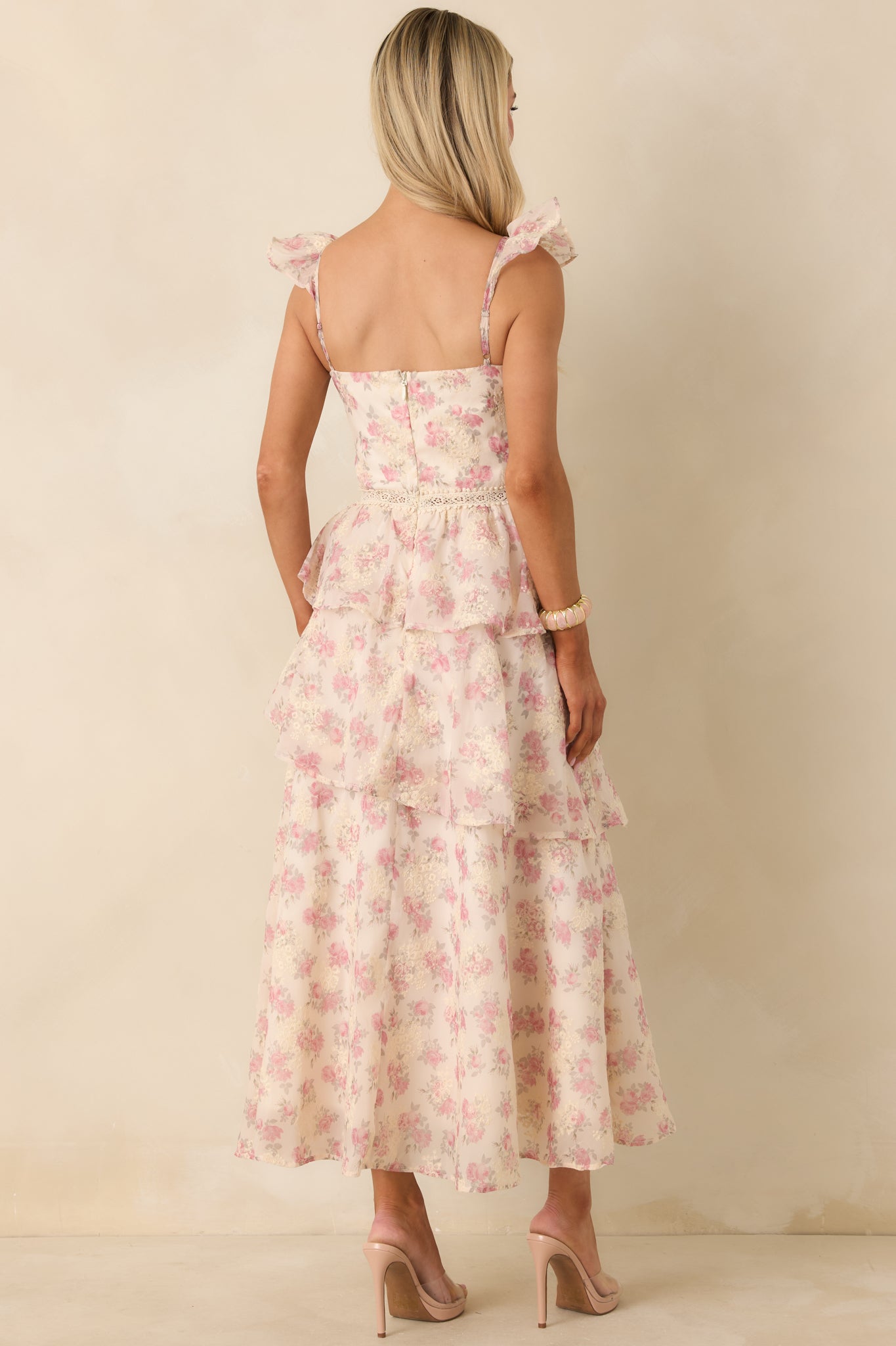 Blissful Garden Light Pink Floral Flutter Sleeve Maxi Dress