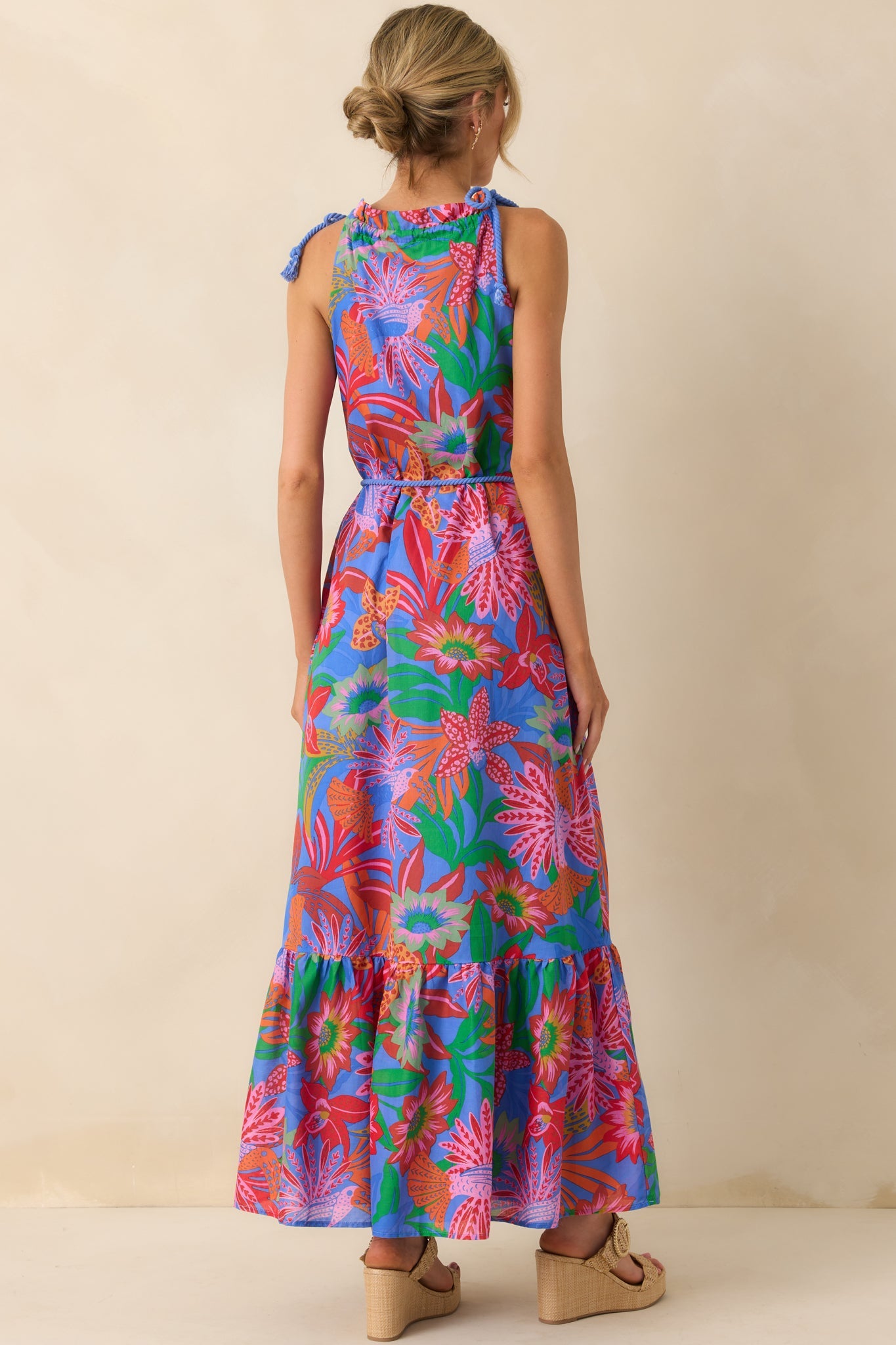 Nowhere To Be Blue Tropical Floral Cotton Halter Maxi Dress