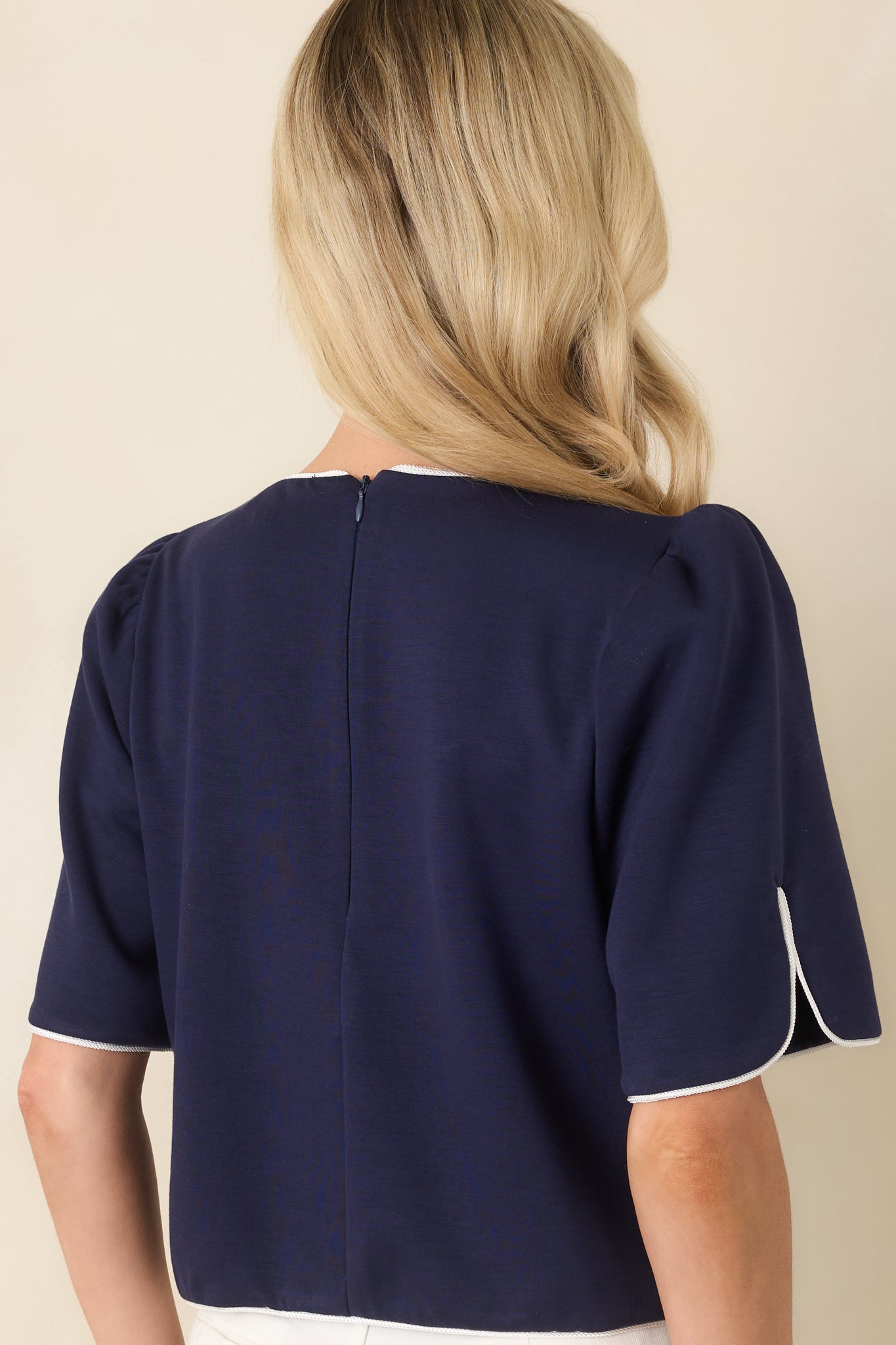Midnight Magnolia Navy Floral Appliqué Puff Sleeve Top