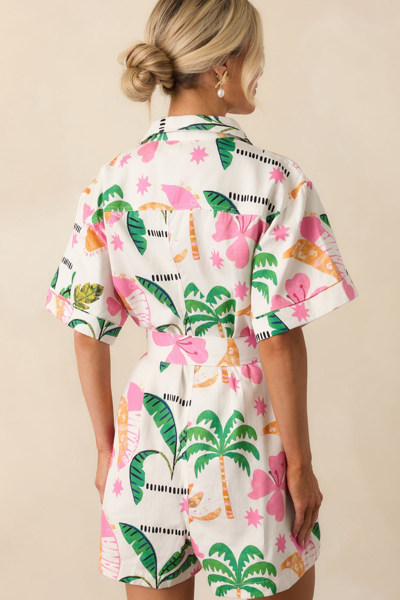 We Should Stay White Tropical Print Cotton Short Sleeve Romper
