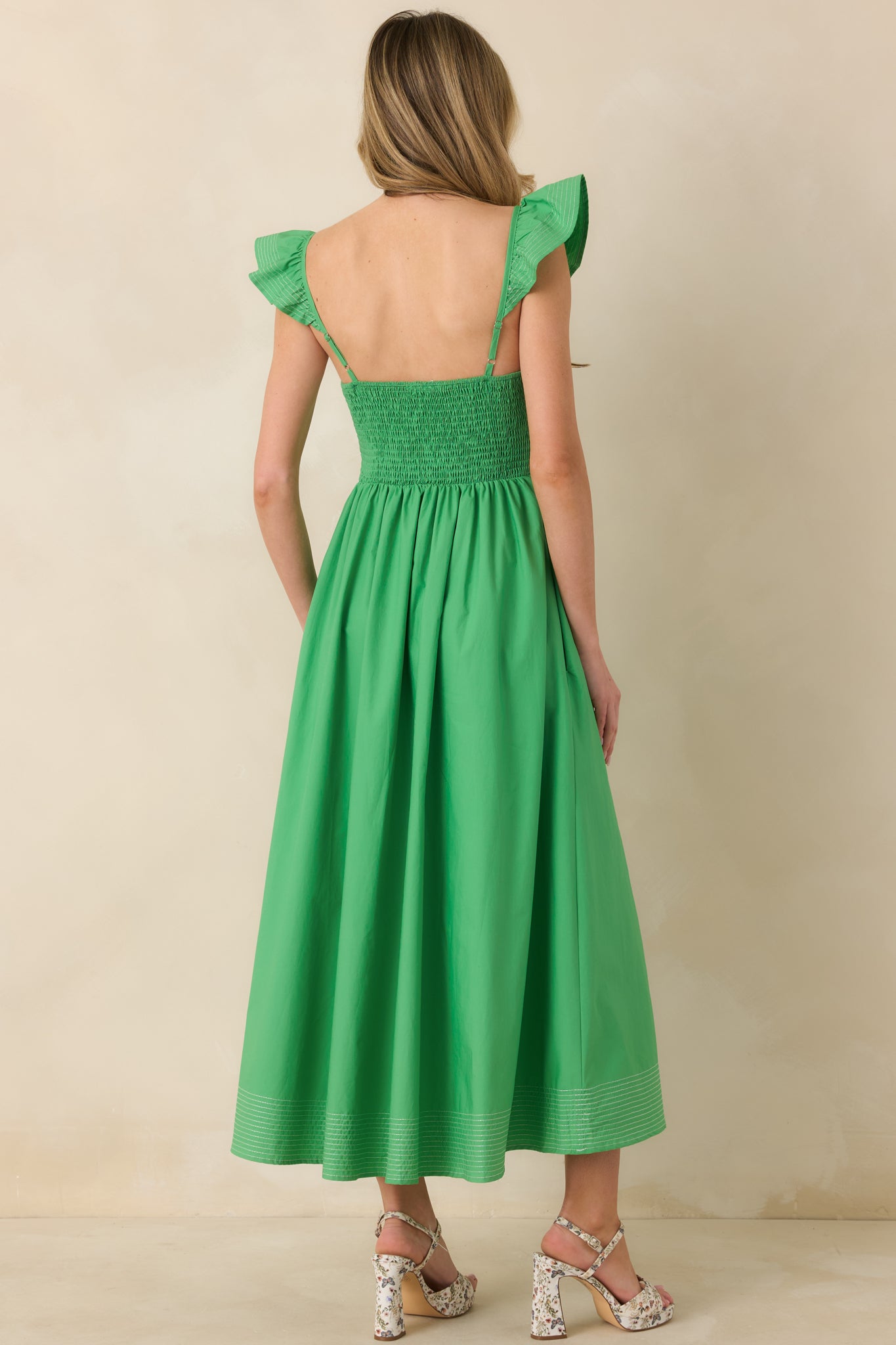 The Turning Point Green Cotton Cut Out Detail Flutter Sleeve Midi Dress