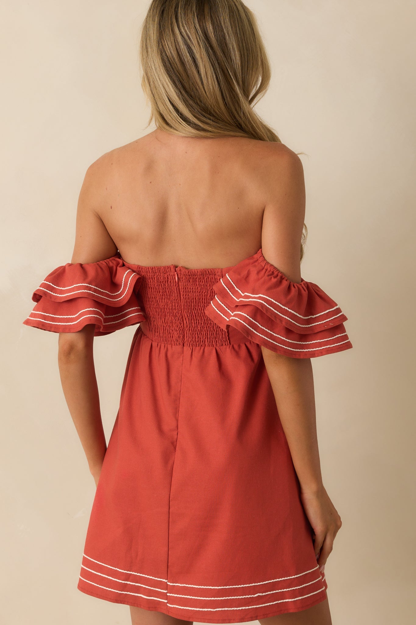 Left An Impression Burnt Orange Linen Blend Off The Shoulder Mini Dress
