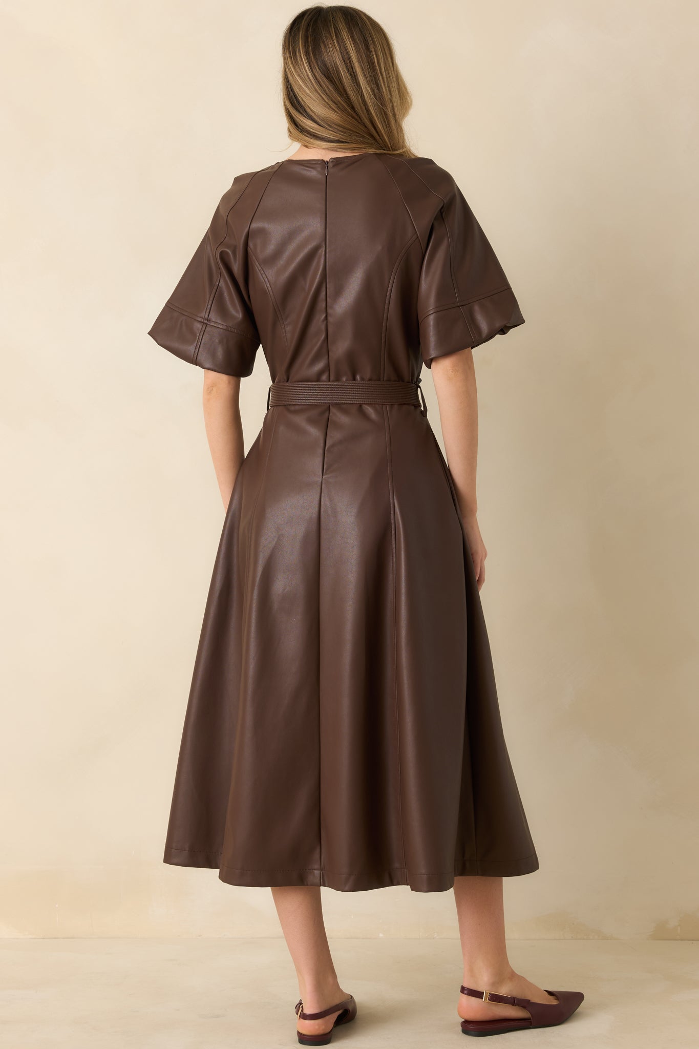 Something to Behold Brown Faux Leather Short Sleeve Belted Midi Dress
