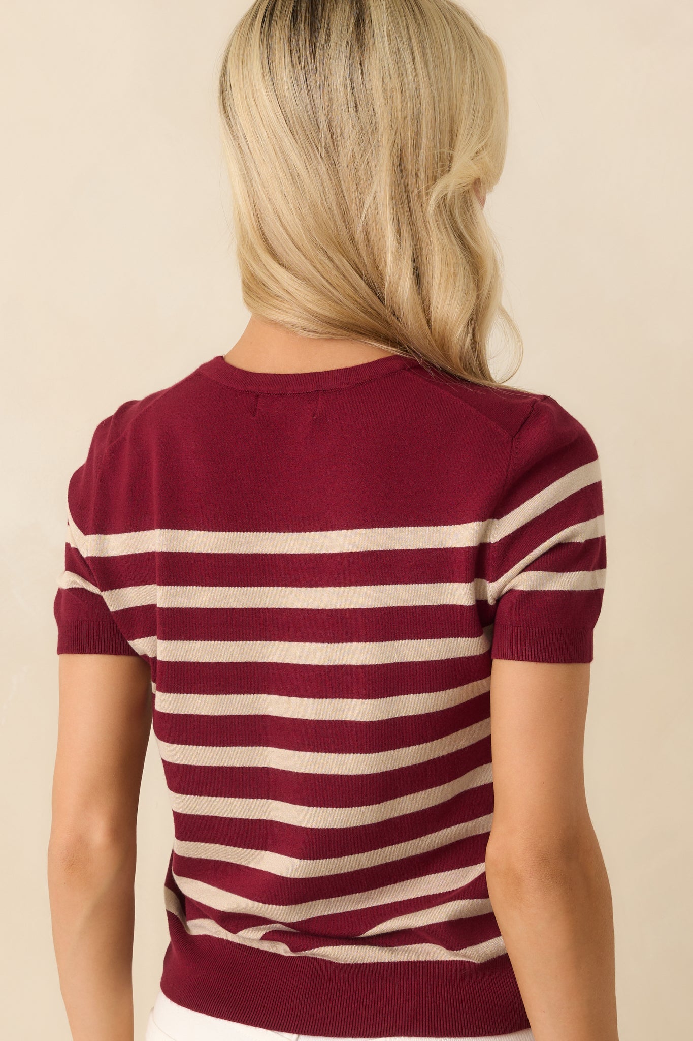 Without A Doubt Burgundy Stripe Short Sleeve Sweater