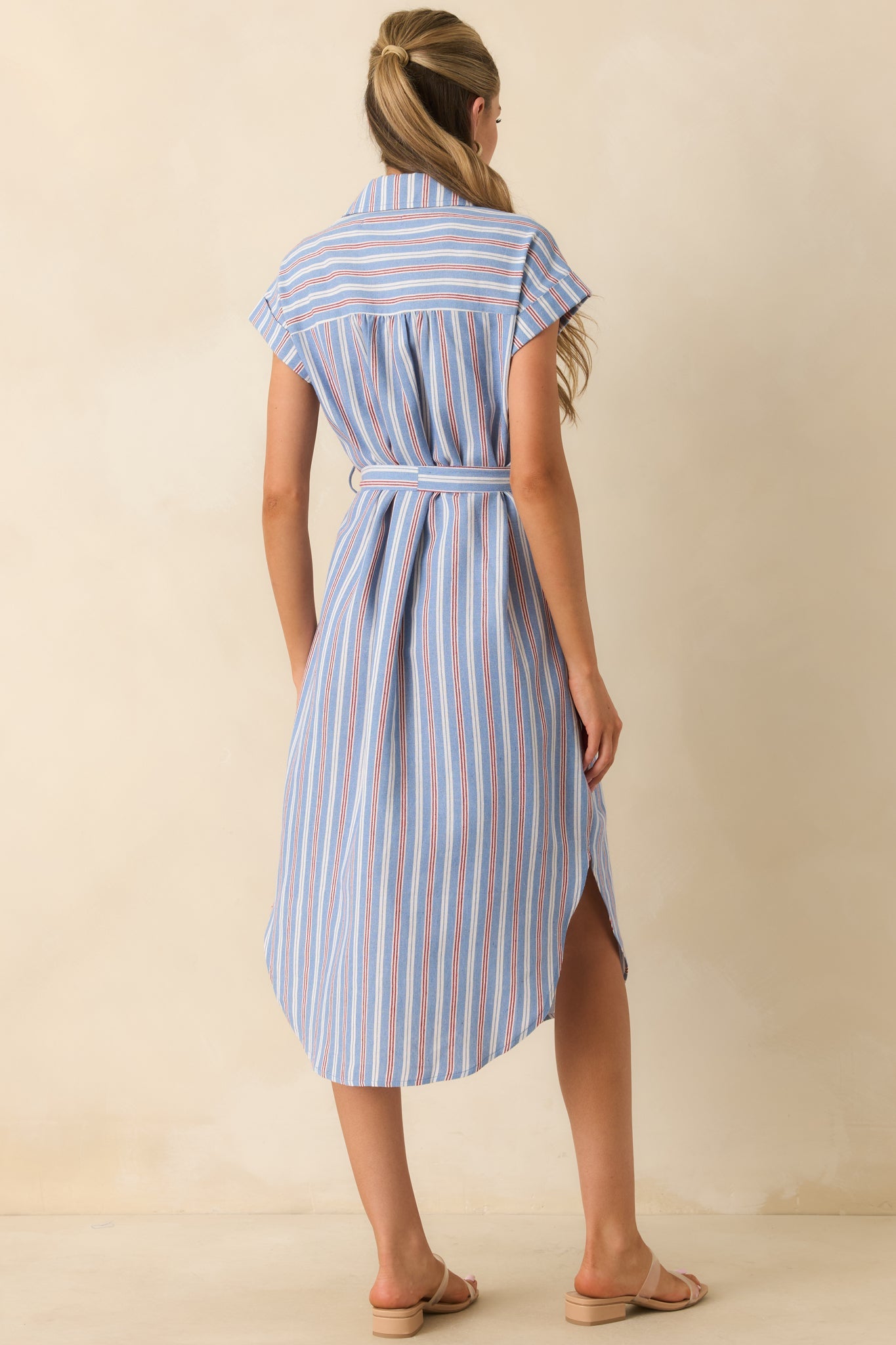 Prosperina Jules Blue & Red Stripe Cotton Midi Shirt Dress