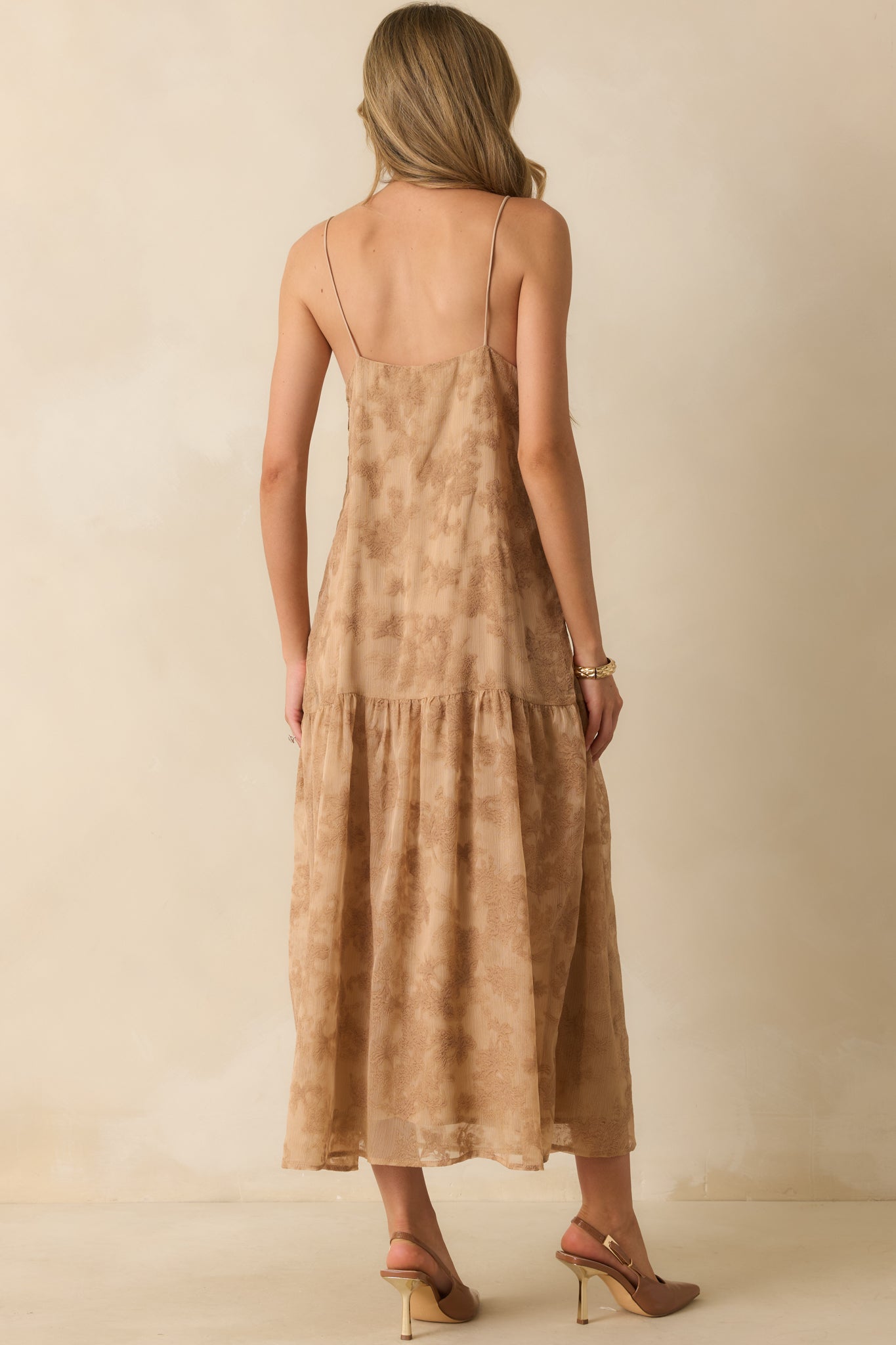 You Tell Me Tan Textured Floral Print Chiffon Drop Waist Maxi Dress