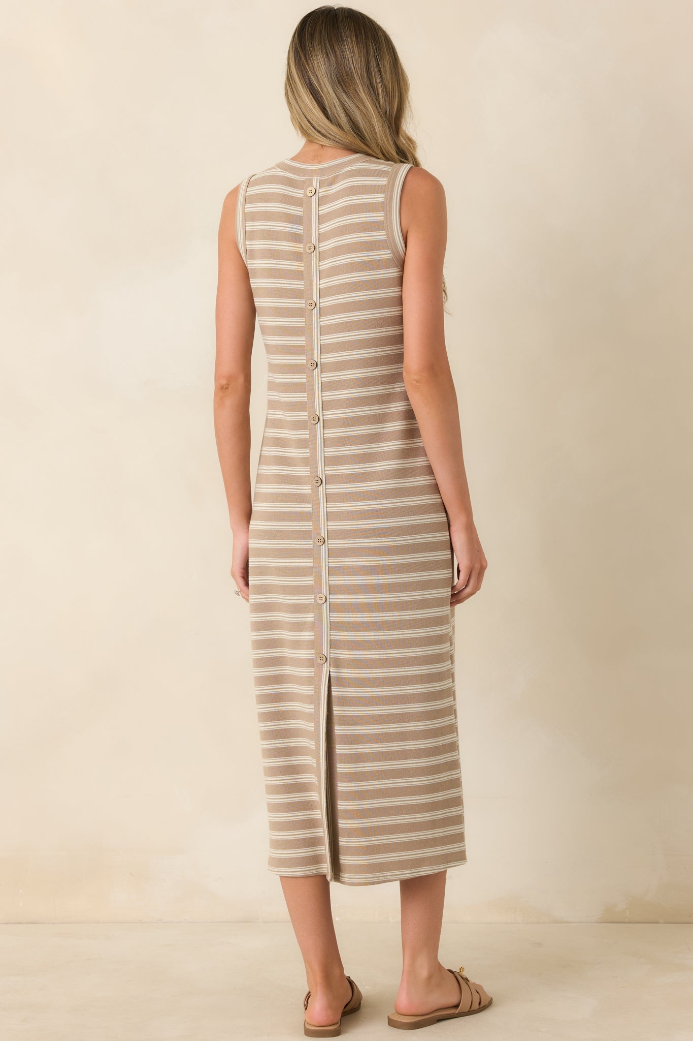 Sunlit Simplicity Taupe Stripe Button Back Midi Dress