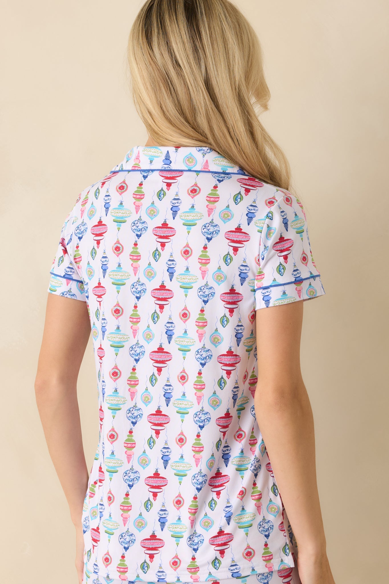 Decked In Delight White Multi Ornament Short Sleeve Button Up Pajama Top
