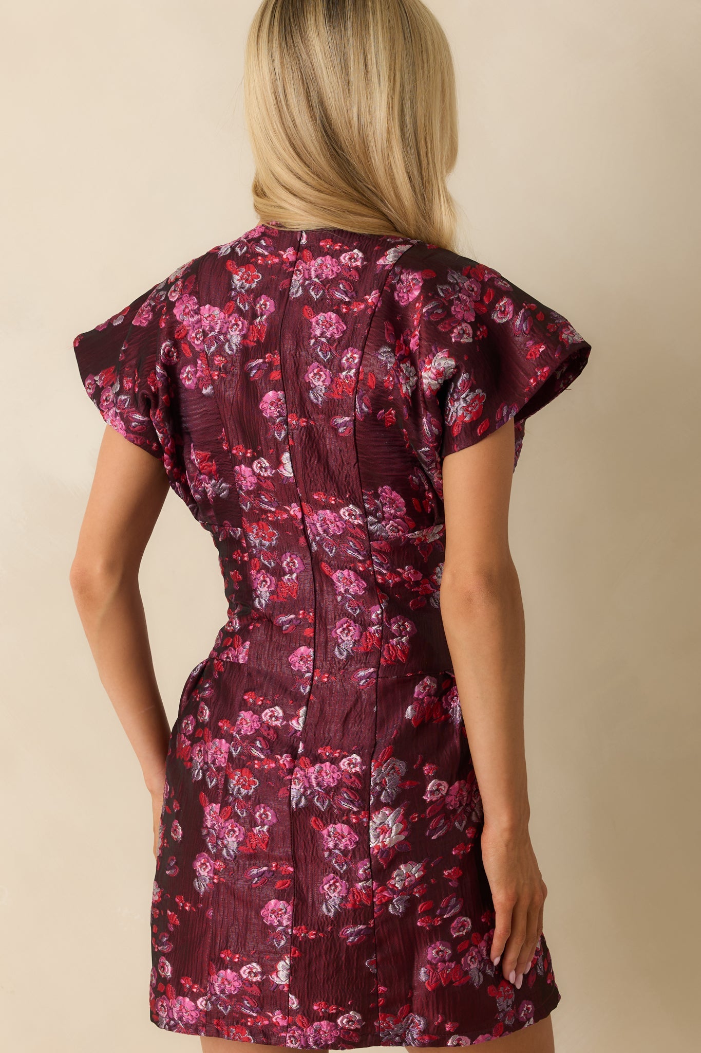 Evening Garden Soirée Berry Purple Metallic Floral Jacquard Mini Dress