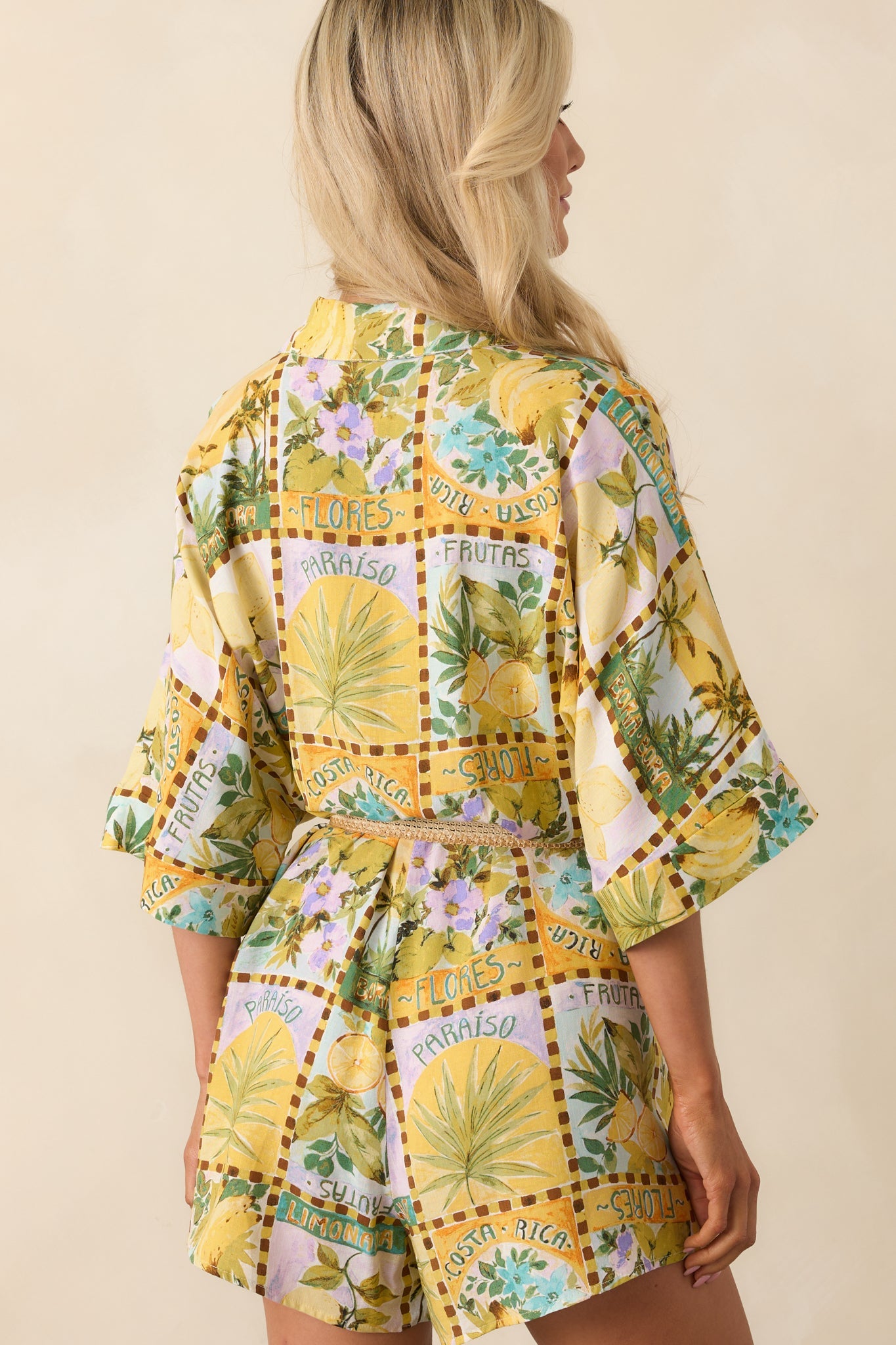 Views From The Veranda Yellow Tropical Print Linen Blend Romper