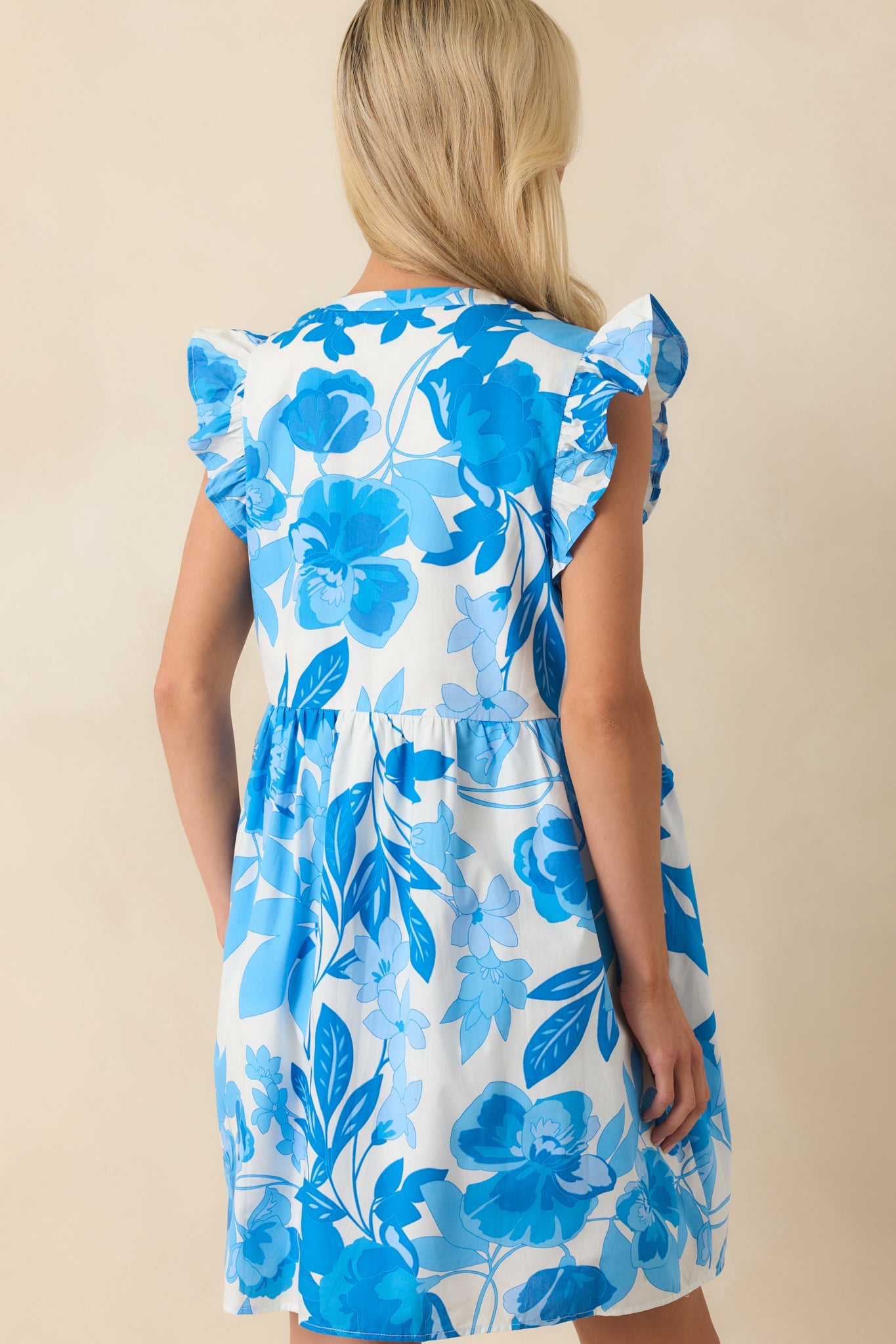 Maybe Someday Blue Floral Print Cotton Flutter Sleeve Mini Dress