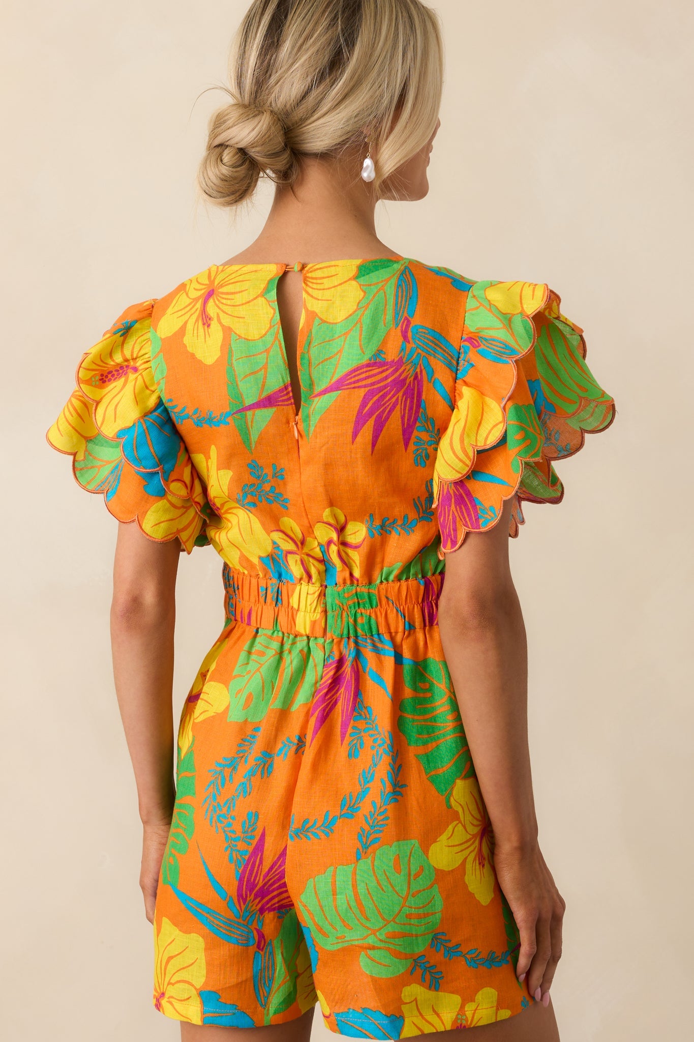 Palm Tree Shadows Orange Tropical Print Linen Romper