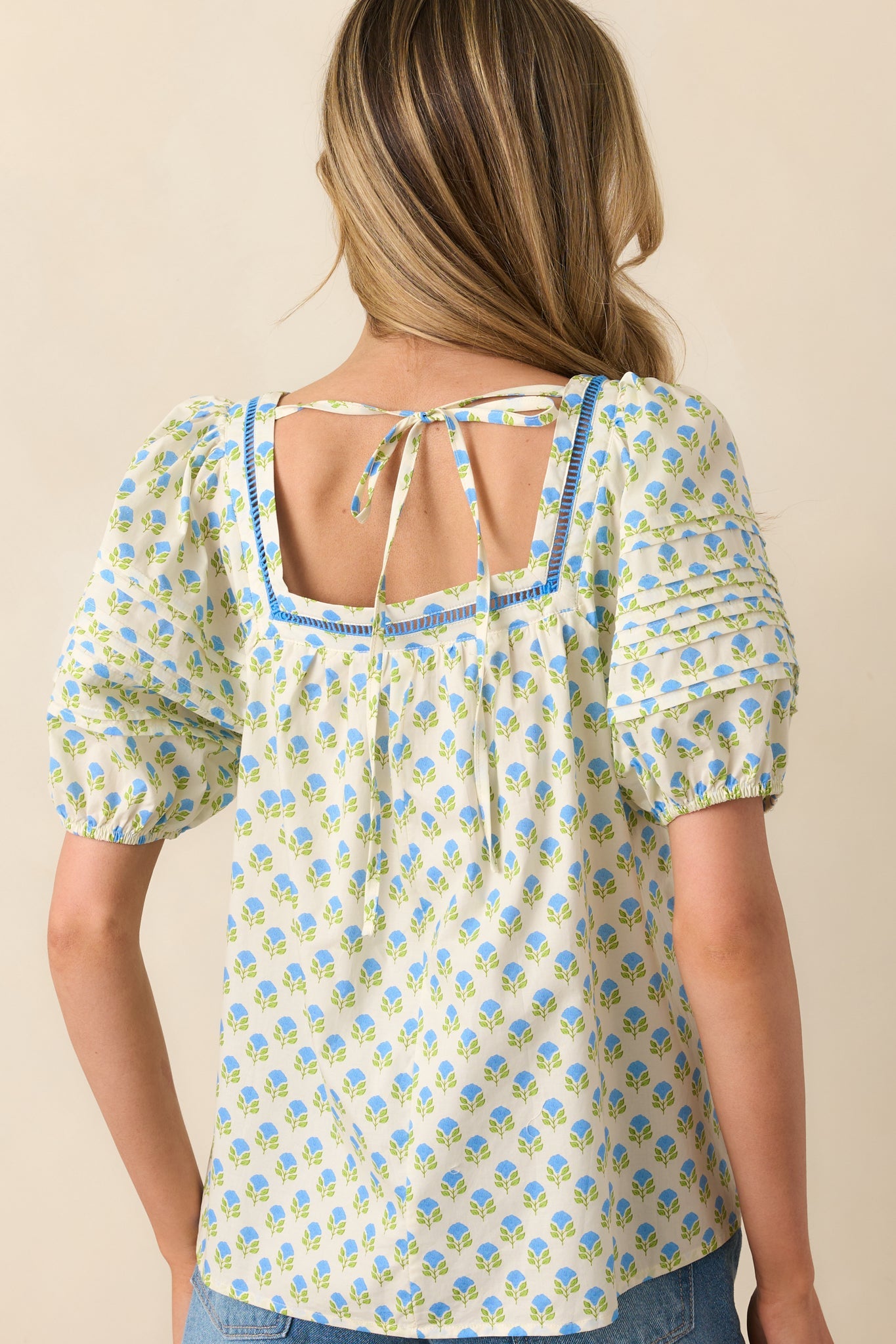 Right Where You Are Blue Floral Cotton Puff Sleeve Top