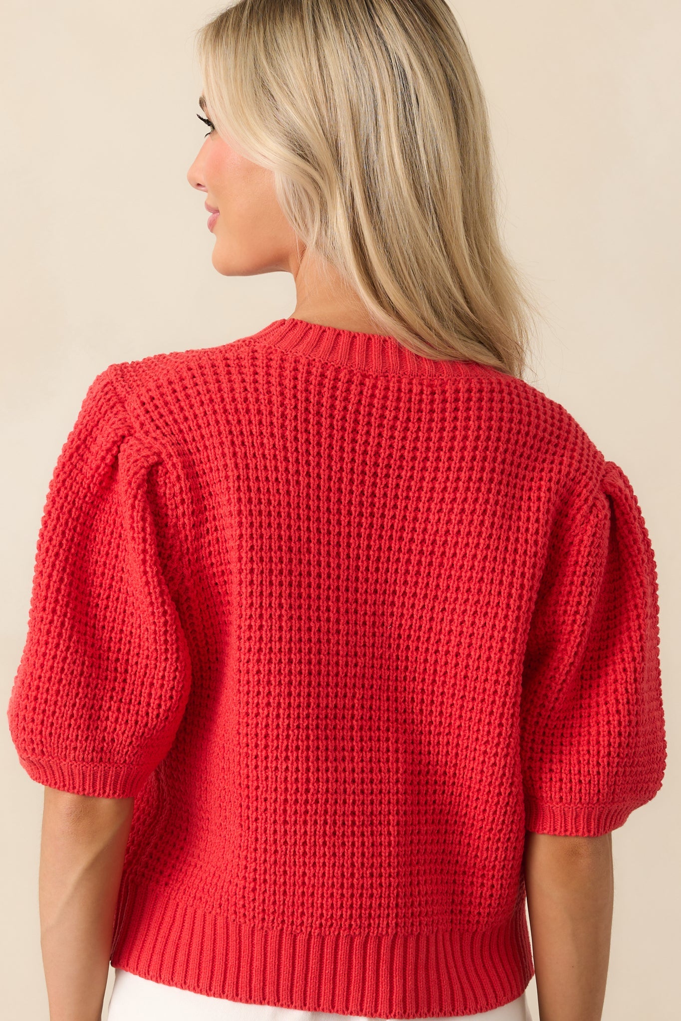 Nothing But Time Red Knit Cotton Short Sleeve Sweater