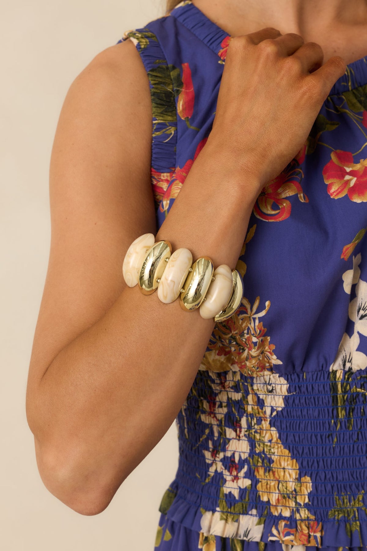 A Touch of Radiance Beige & Gold Beaded Statement Bracelet
