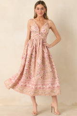 Totally in Love Beige & Pink Floral Deep V-Neck Midi Dress