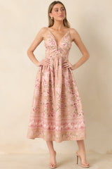 Totally in Love Beige & Pink Floral Deep V-Neck Midi Dress