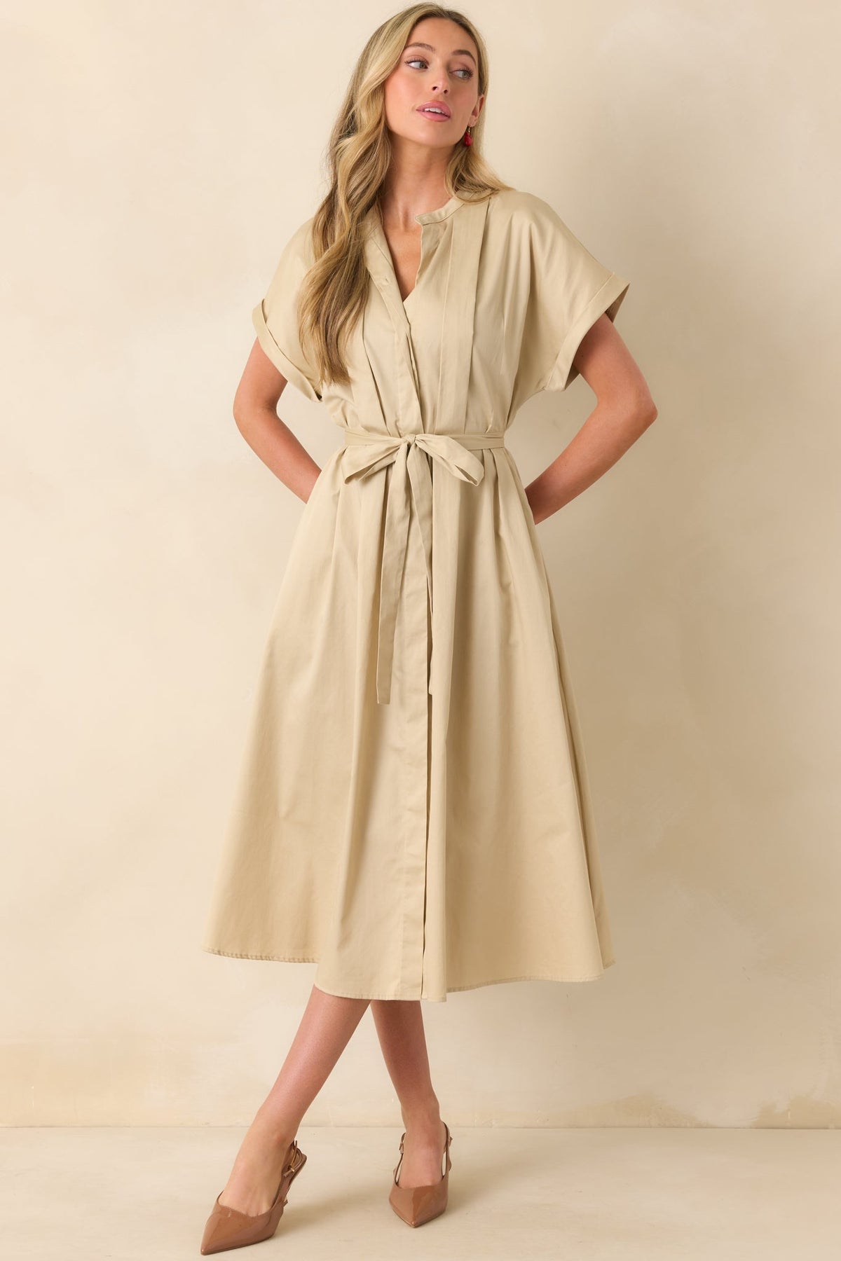 Late Nights Beige Cotton Button Front Midi Dress