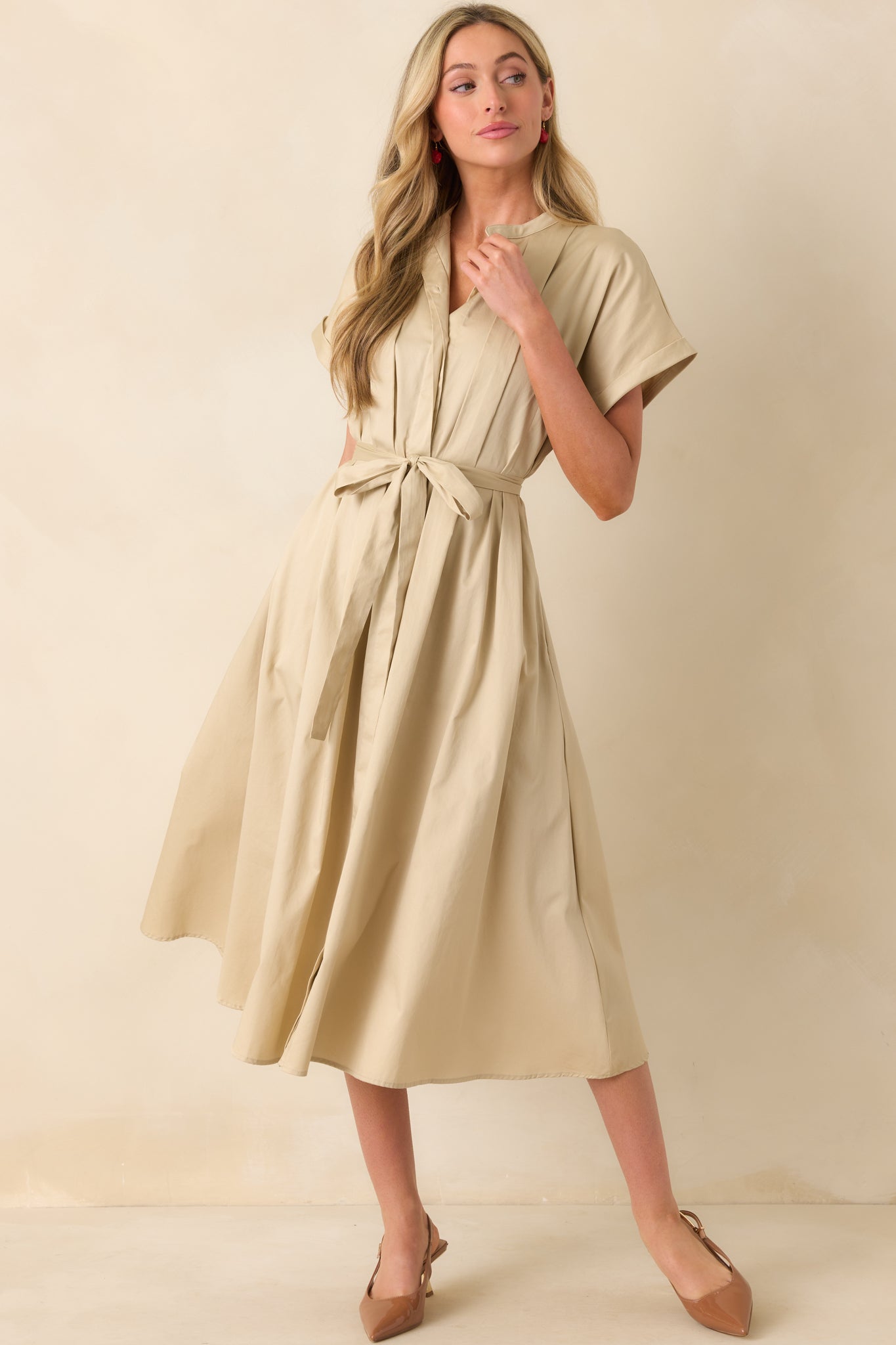 Late Nights Beige Cotton Button Front Midi Dress