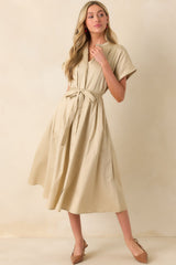 Late Nights Beige Cotton Button Front Midi Dress