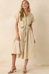 Late Nights Beige Cotton Button Front Midi Dress