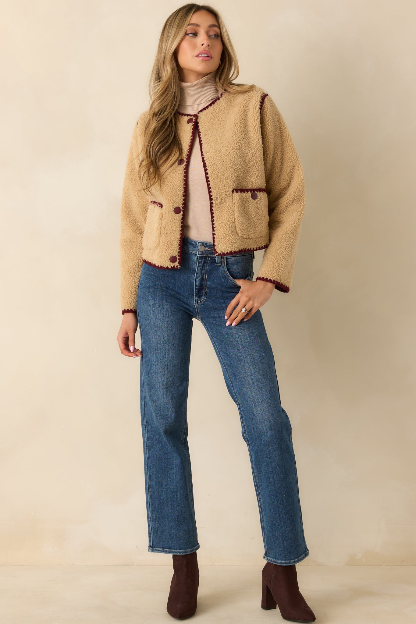 Bound to Be Cozy Beige & Burgundy Contrast Stitch Sherpa Jacket