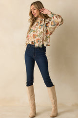 Fields of Grace Beige Multi Floral Print Cotton Bow Blouse