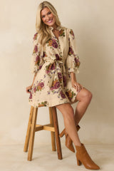 Rustic Romance Beige Multi Floral Print Belted Mini Dress