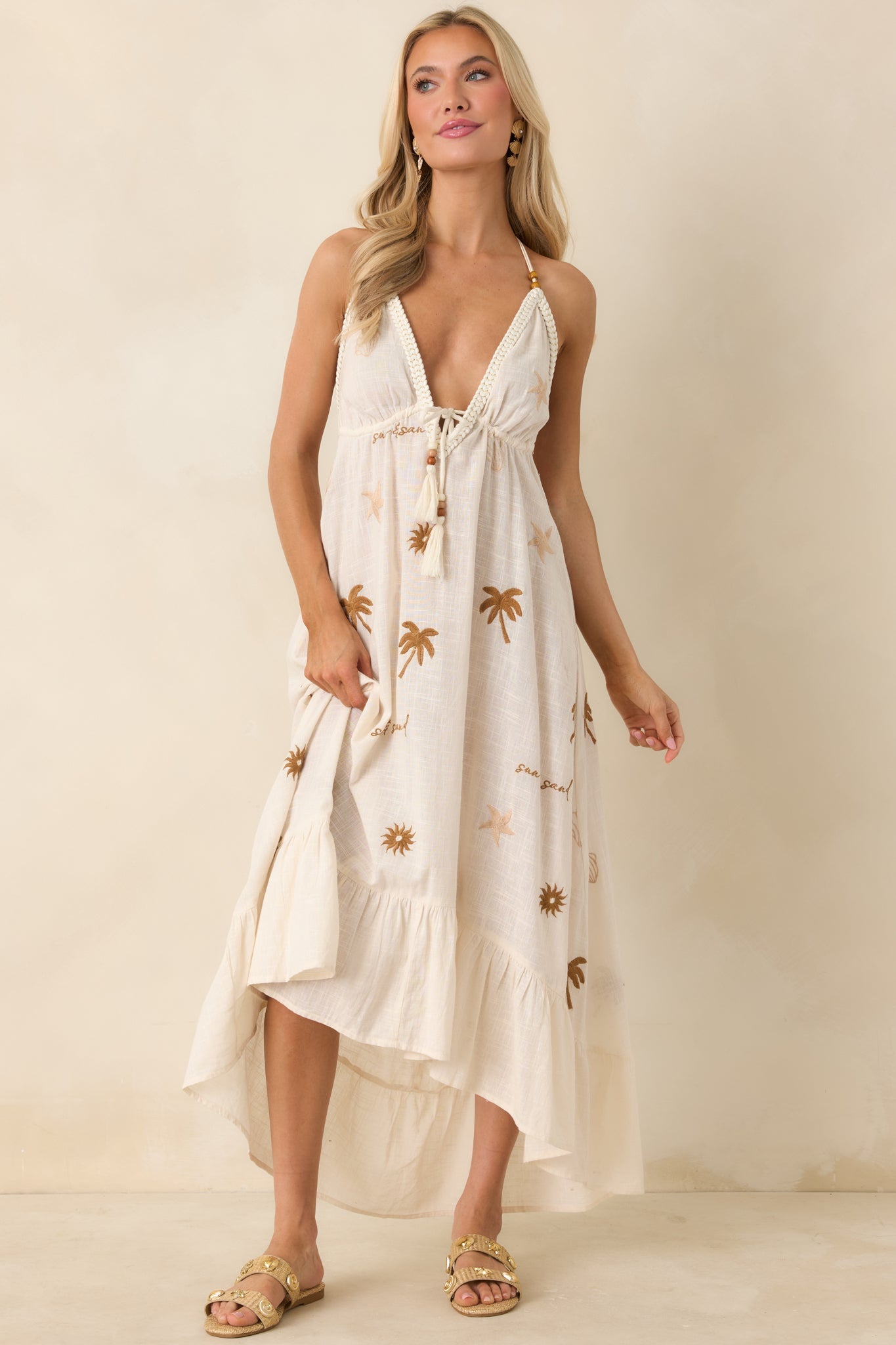 Sunwashed Sands Light Beige Cotton Coastal Embroidered Midi Dress