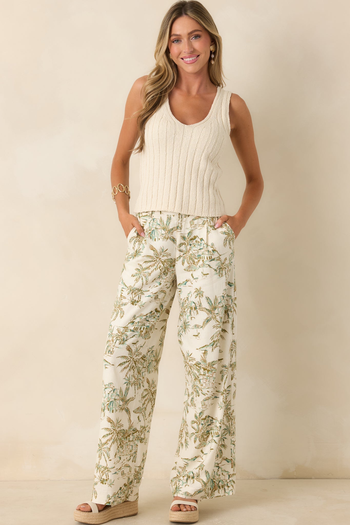Z Supply Overlook Tiki Tide Light Beige & Green Linen Pant