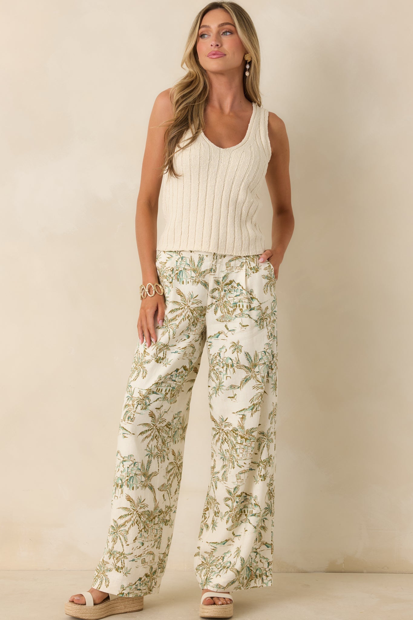 Z Supply Overlook Tiki Tide Light Beige & Green Linen Pant