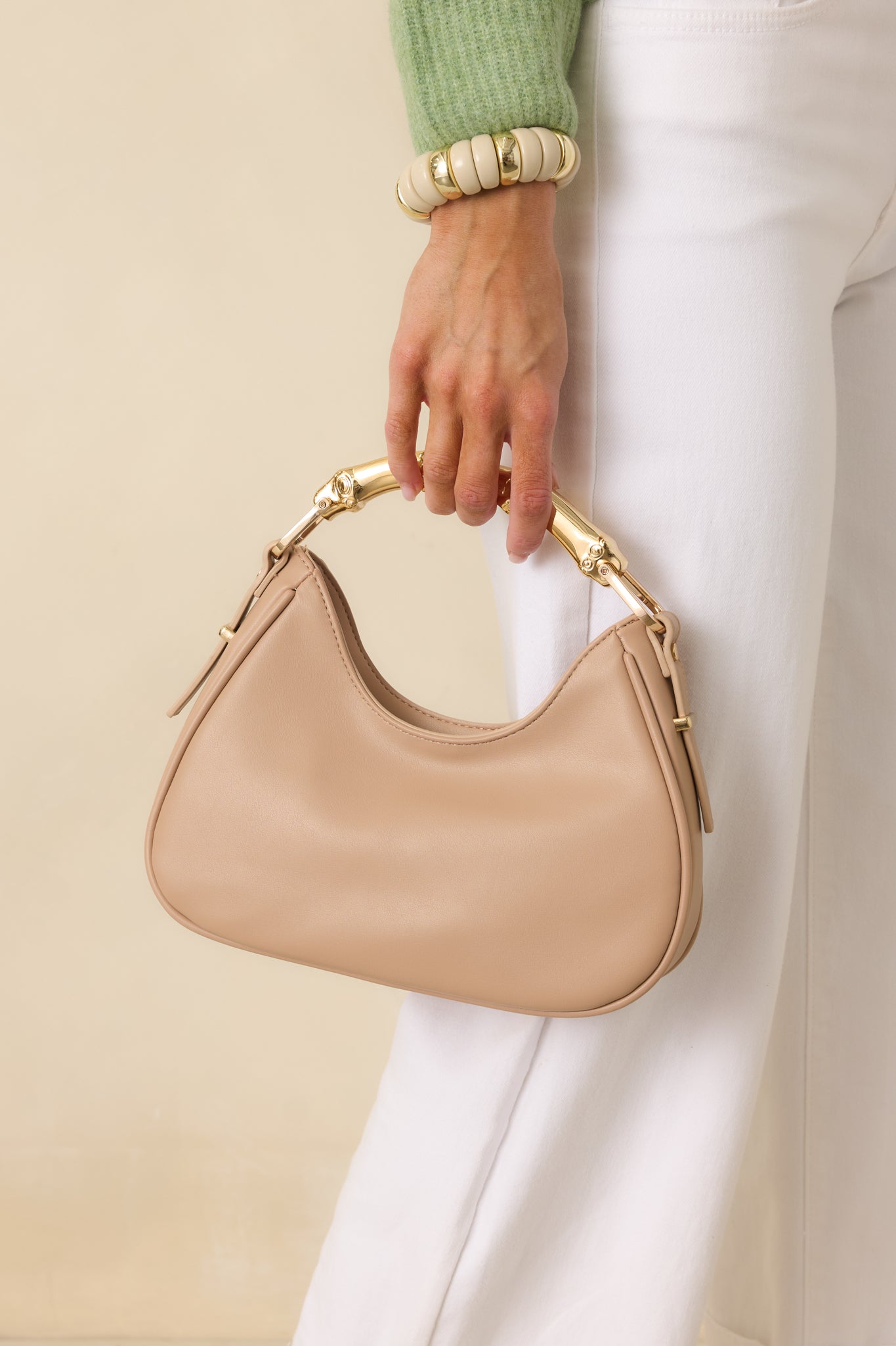 Meet Me There Beige & Gold Bamboo Detail Handbag