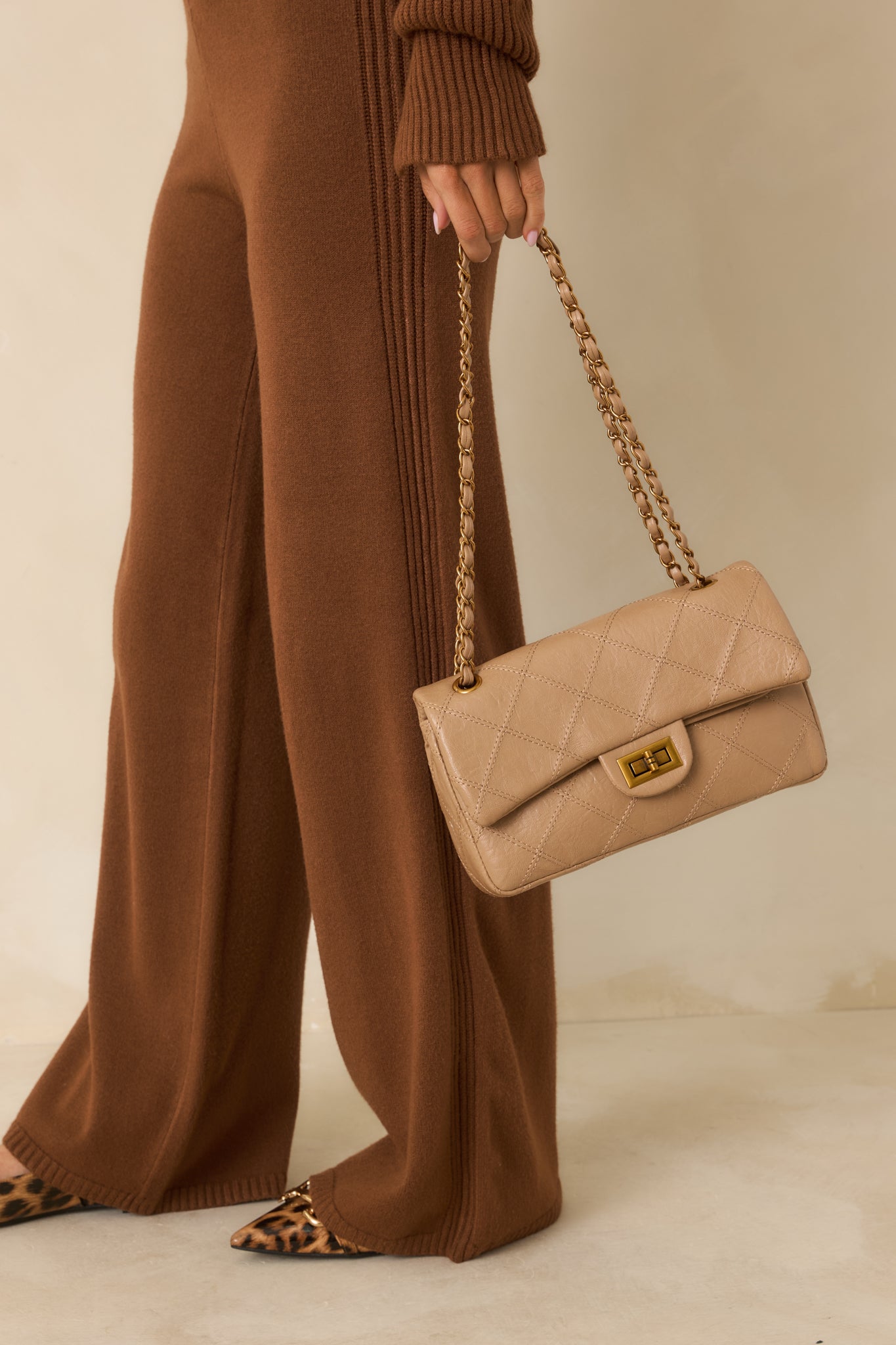 Hold the Line Beige Quilted Faux Leather Chain Strap Handbag
