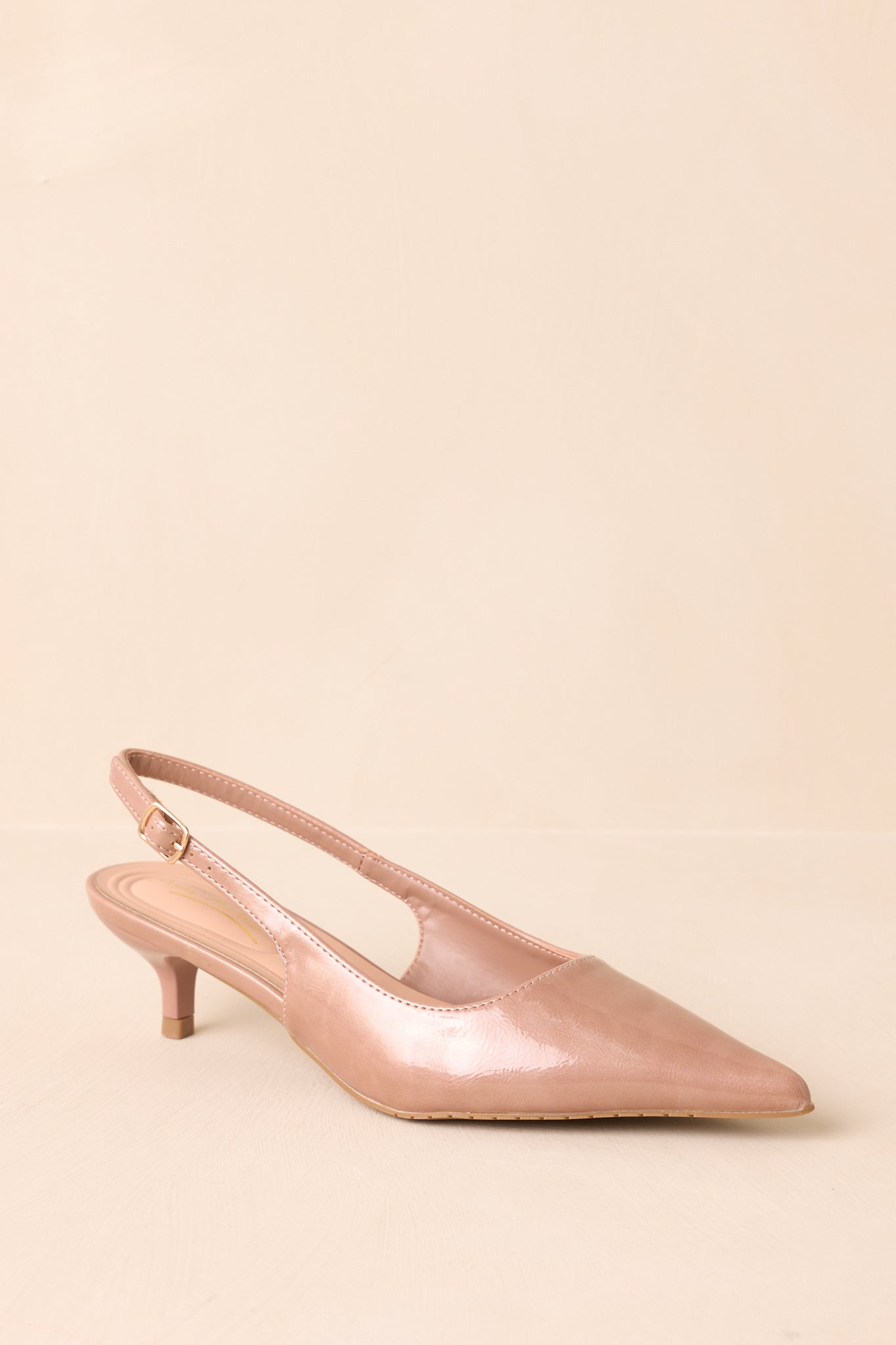 Meant To Be Me Beige Patent Pointed-Toe Slingback Kitten Heels