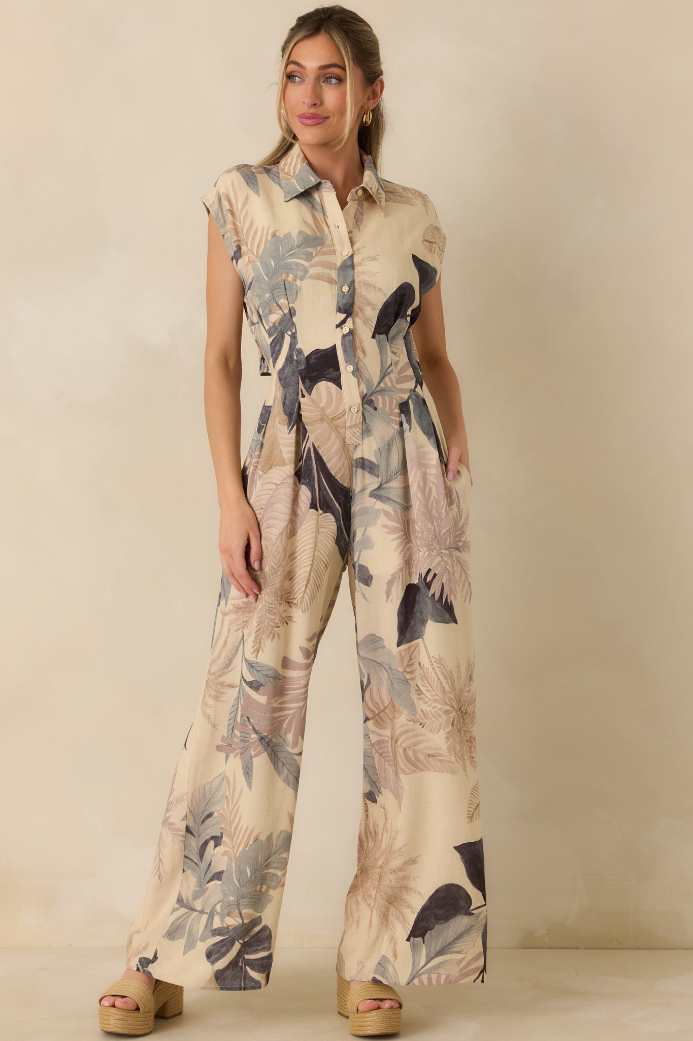 Take Me Somewhere Beige Multi Tropical Open Back Jumpsuit