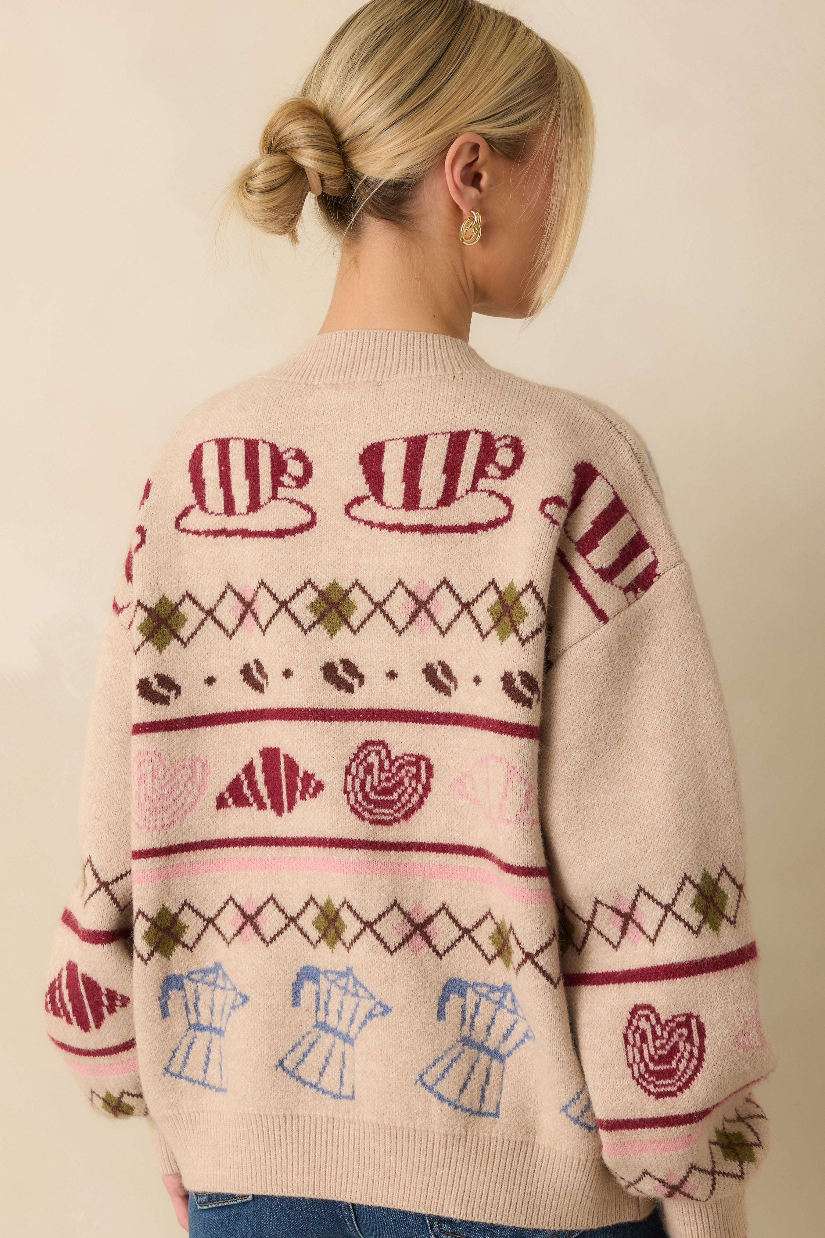 Morning Brew Beige Multi Coffee & Pastry Knit Button Up Cardigan
