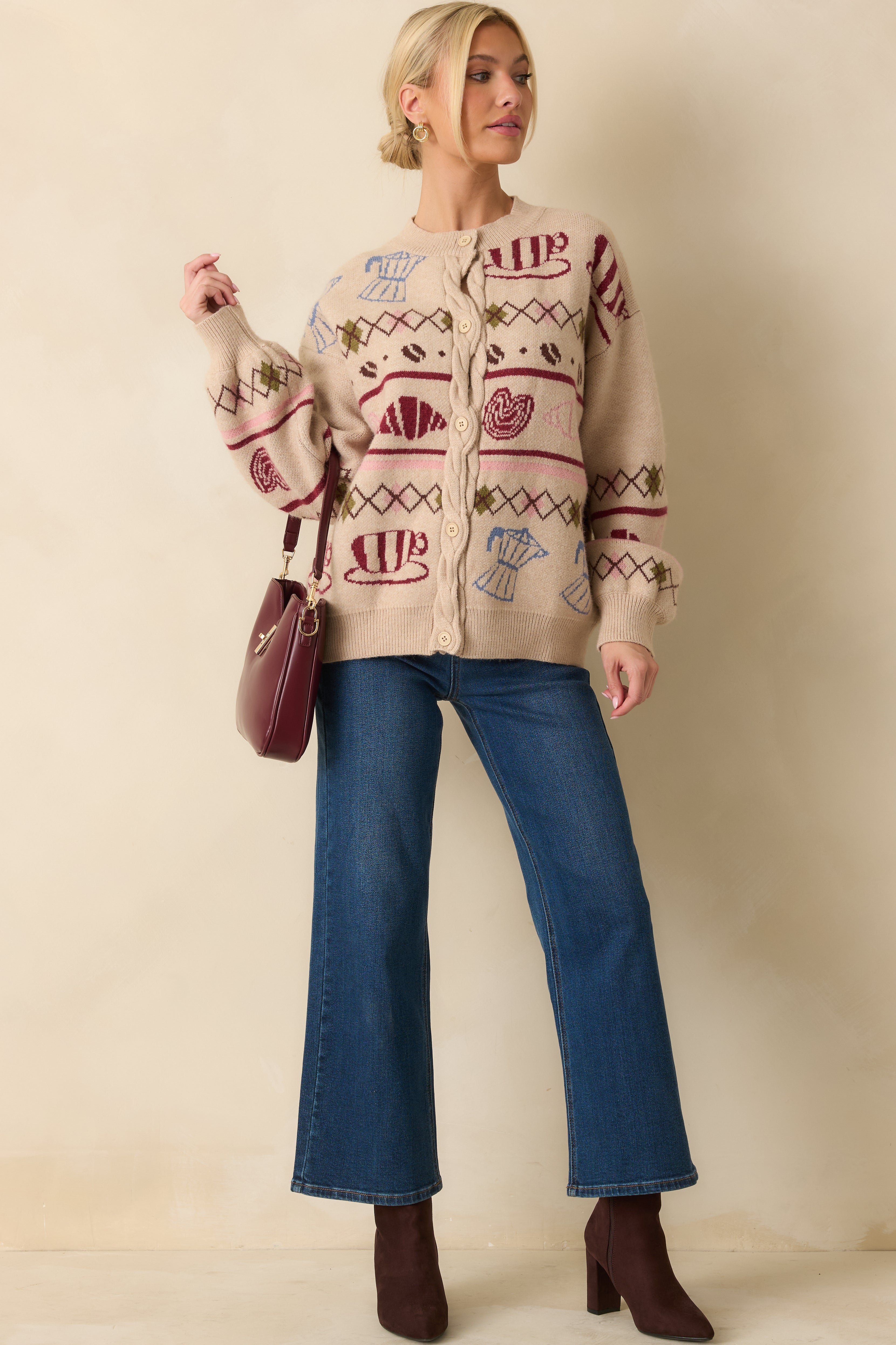 Morning Brew Beige Multi Coffee & Pastry Knit Button Up Cardigan