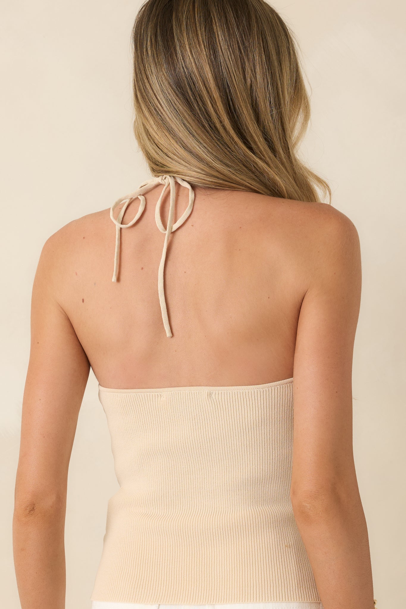 MINKPINK Portia Beige Knit Bead Detail Halter Top