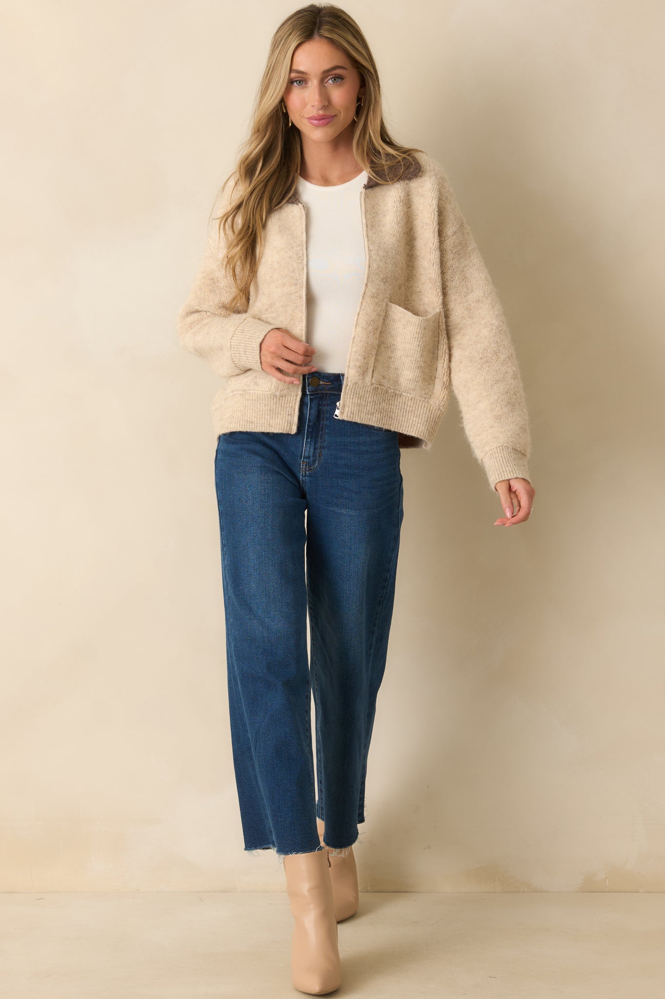 Might As Well Stay Beige Knit Contrast Collar Zip-Up Jacket