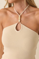 MINKPINK Portia Beige Knit Bead Detail Halter Top