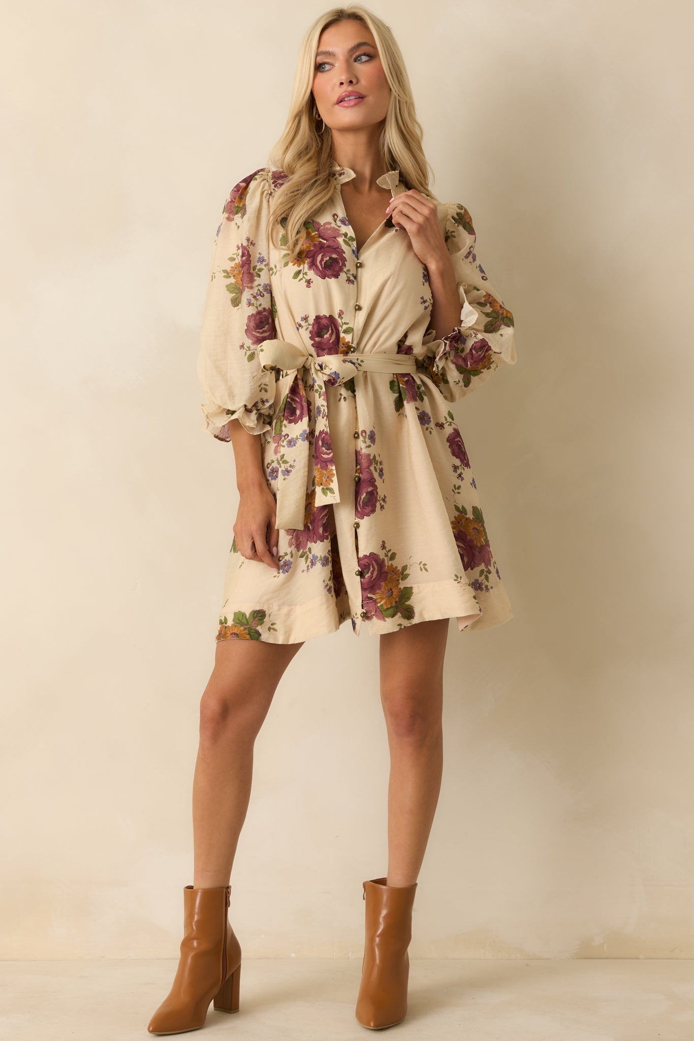 Rustic Romance Beige Multi Floral Print Belted Mini Dress