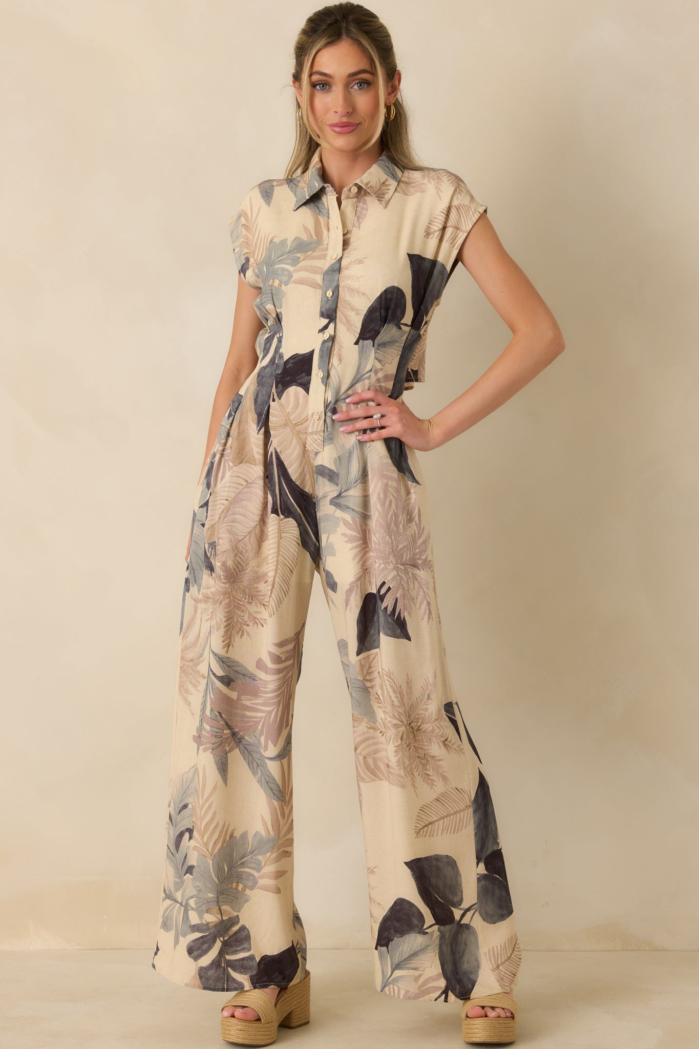 Take Me Somewhere Beige Multi Tropical Open Back Jumpsuit