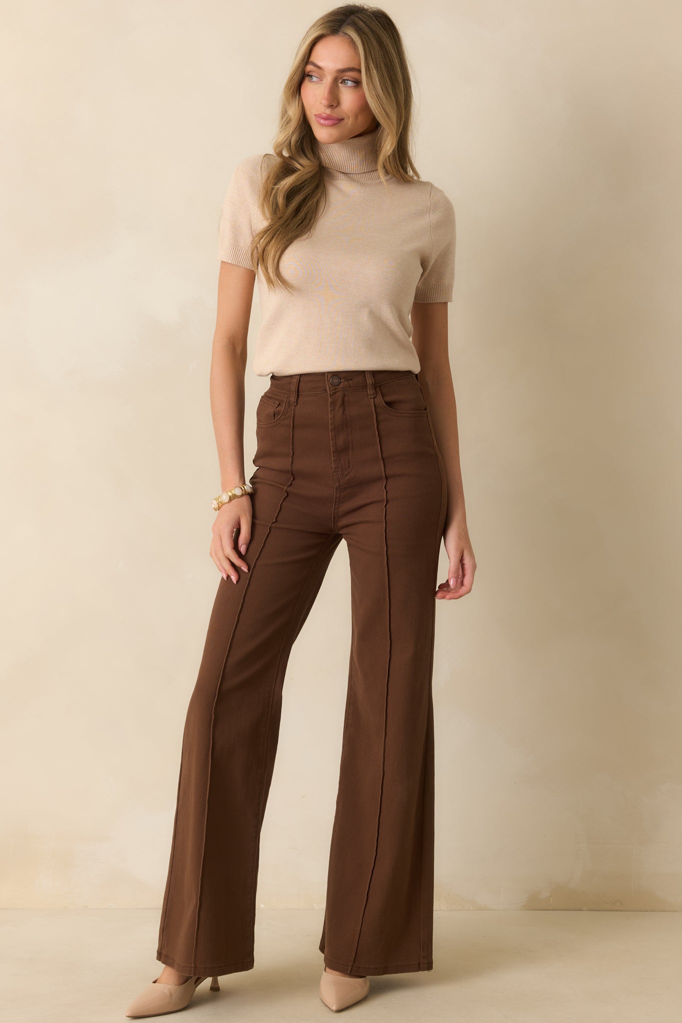 In Just A Minute Beige Ribbed Turtleneck Short Sleeve Sweater