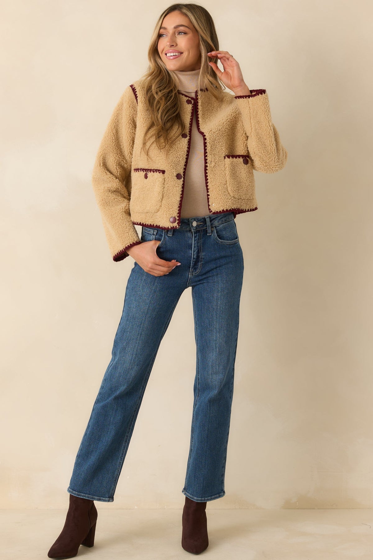 Bound to Be Cozy Beige & Burgundy Contrast Stitch Sherpa Jacket