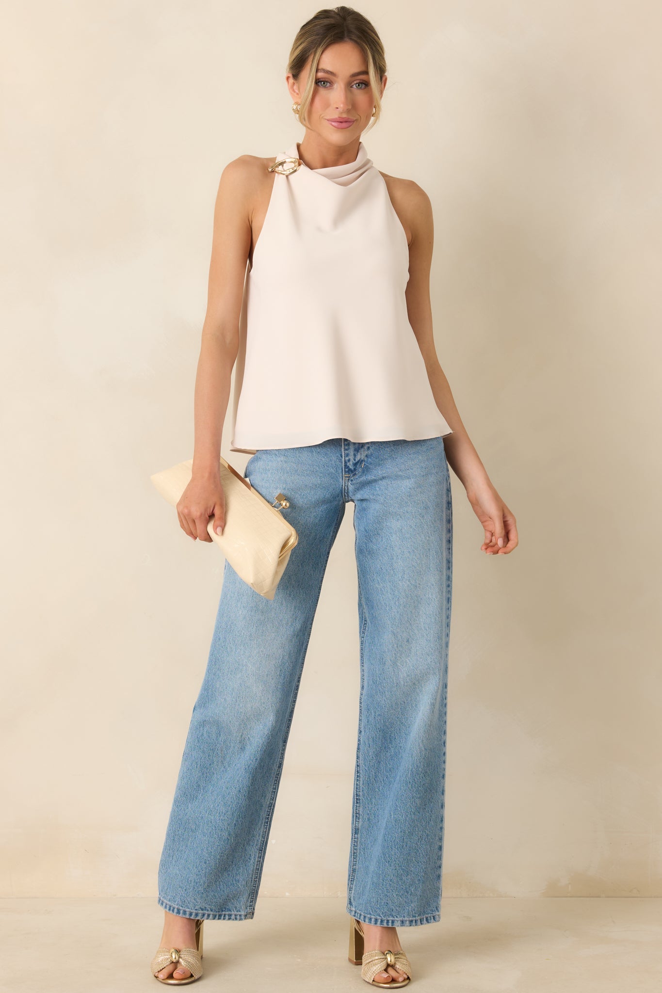 Effortlessly Refined Light Beige Draped Neck Gold Accent Sleeveless Top