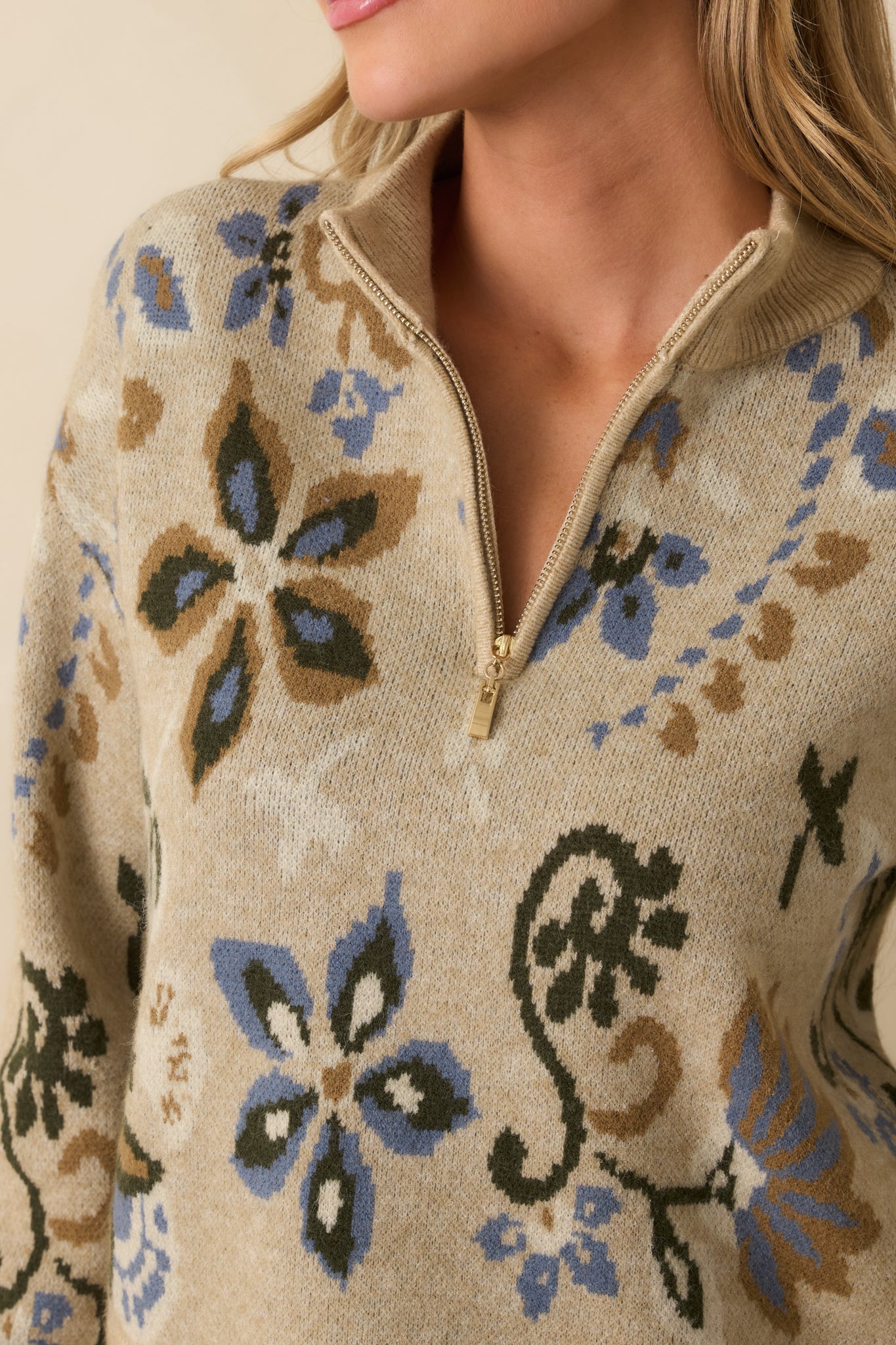 When You're Ready Beige Floral Jacquard Half-Zip Mock Neck Sweater